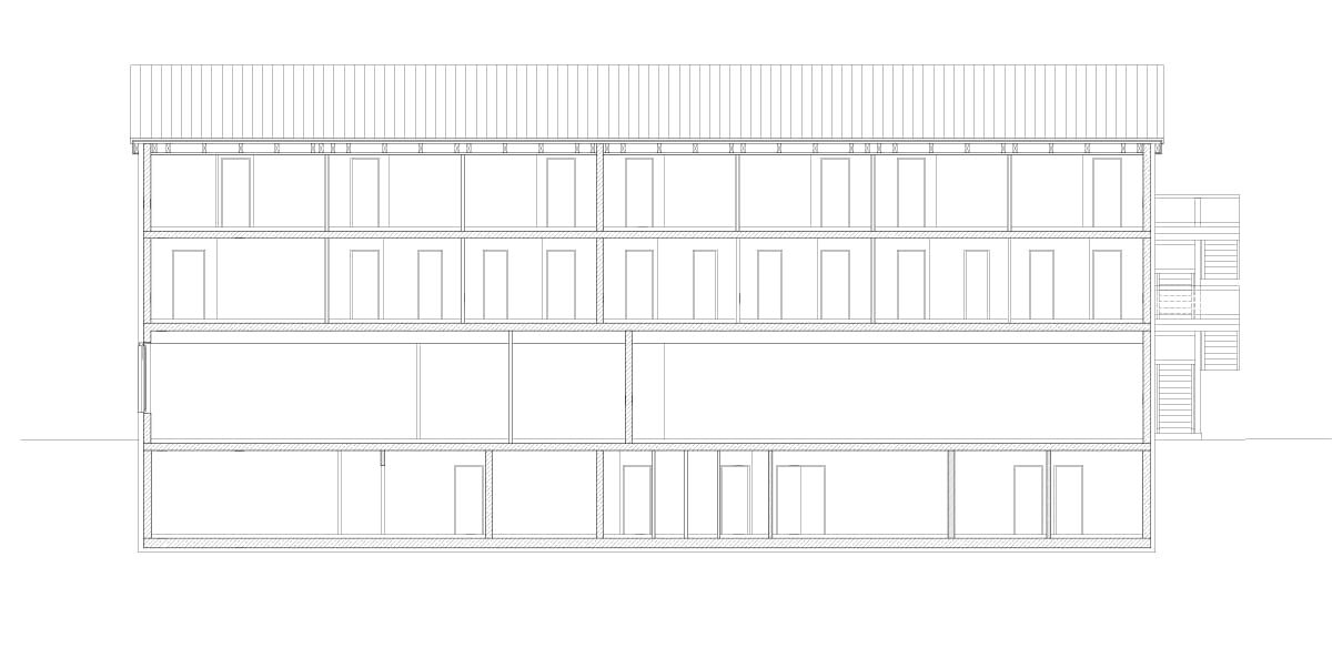 Planzeichnung: Längsschnitt durch das Hotel – Hotelplanung im Münchner Osten
